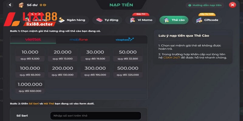 Hướng dẫn chi tiết 5 bước thực hiện nạp tiền LIXI88